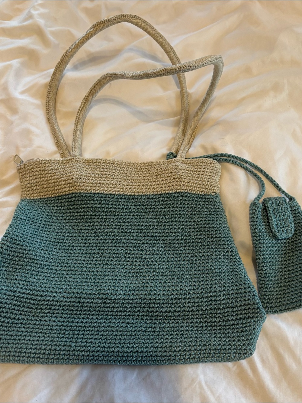 Sage Green and Cream Crochet Hand Bag with Velcro Pouch